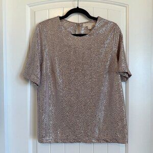Monteau silvery pale pink sparkly shiny short sleeve blouse women's XL